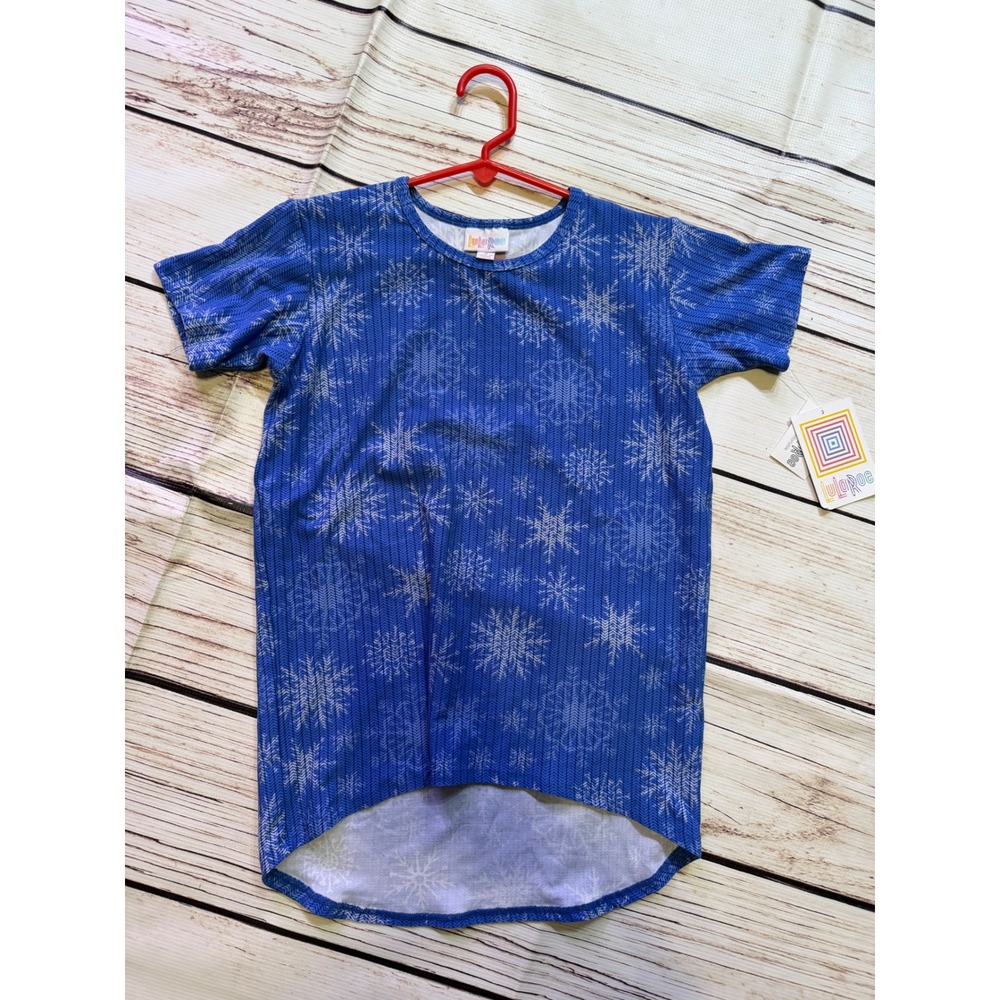 LuLaRoe Gracie Kids Size 8 Blue Snowflake High Low Short Sleeve T-Shirt NWT